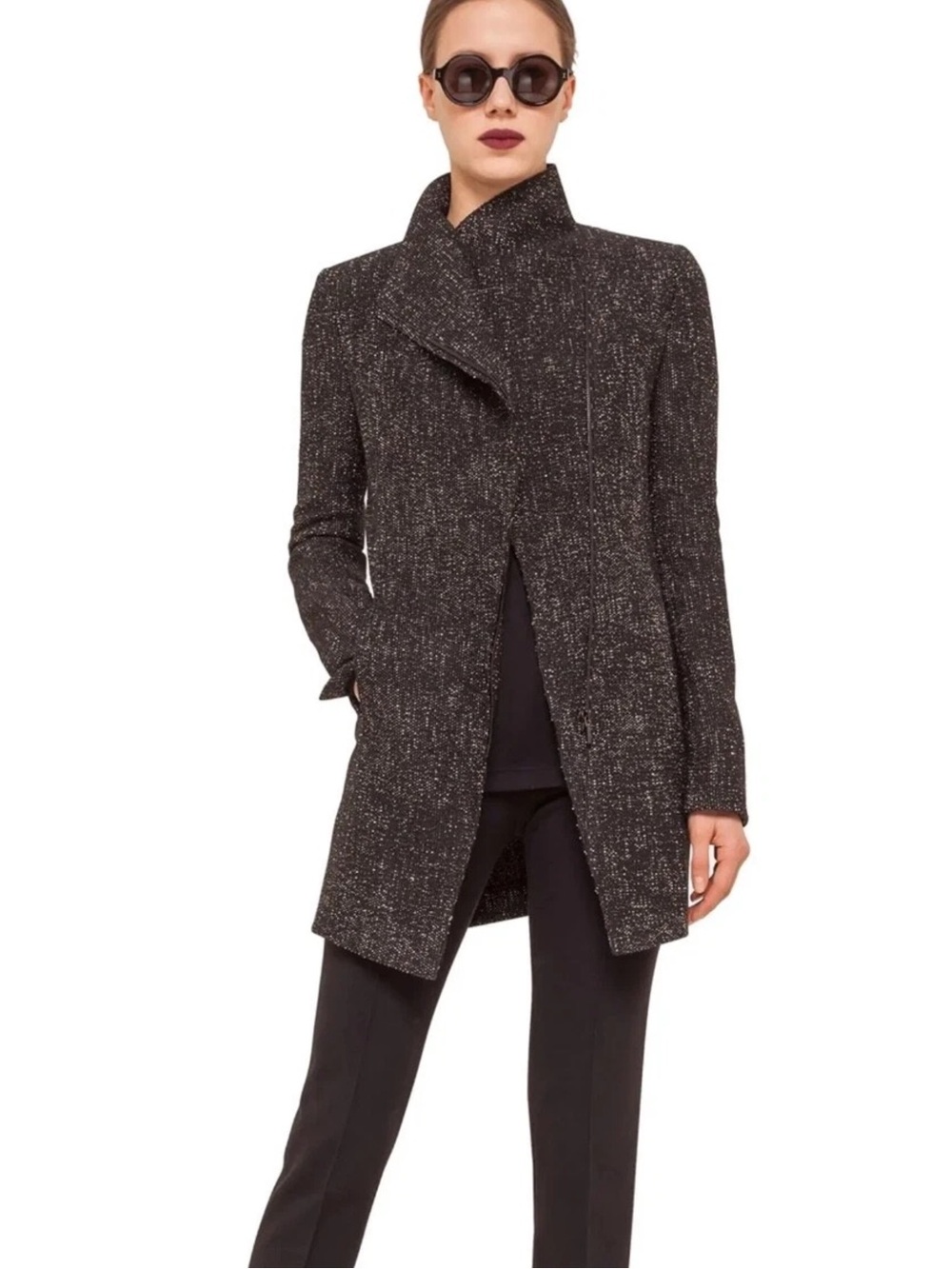 AKRIS Punto Black and White Tweed Asymmetrical Zip Coat, size 16